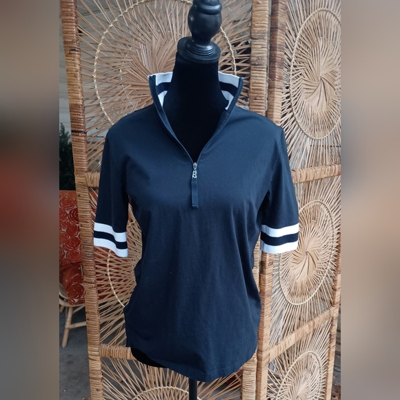 Bogner Tops - Bogner Blue Half-Zip Golf Polo Shirt with White Stripes